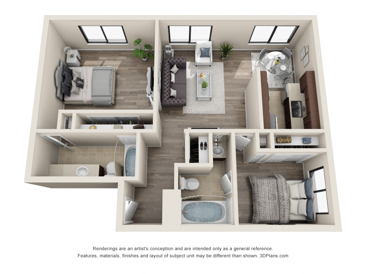 Floor plan for 2 beds, 2 baths, 840 sqft